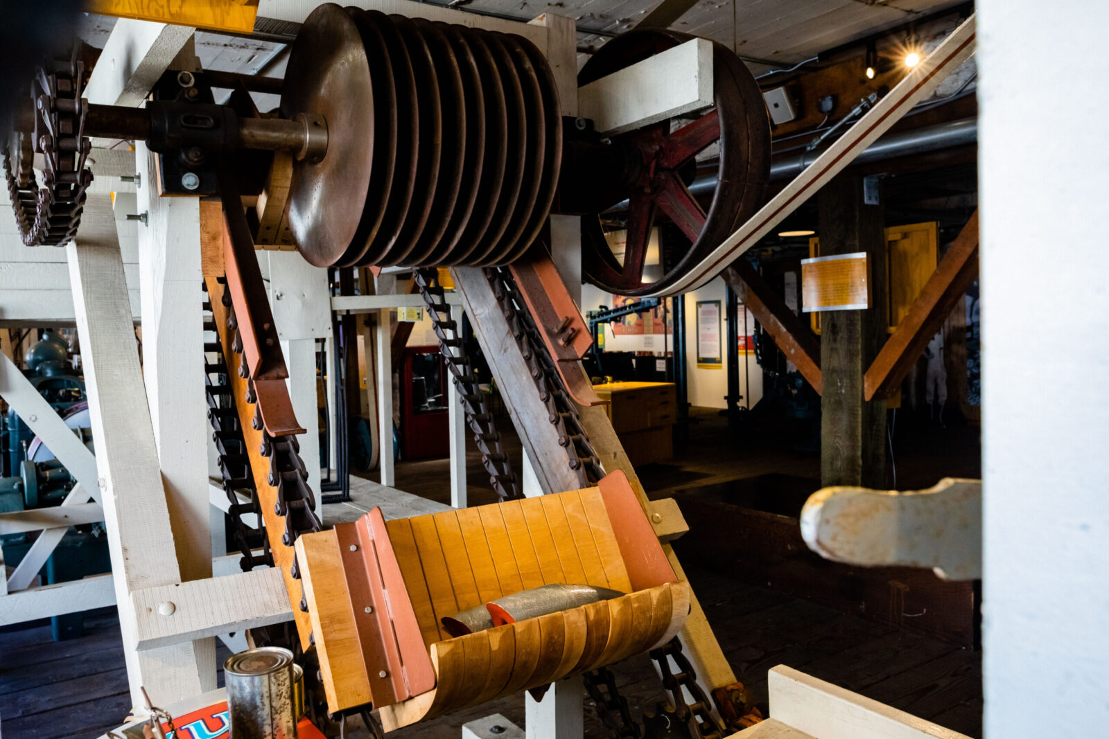 Restored gang knives display in canning line exhibit